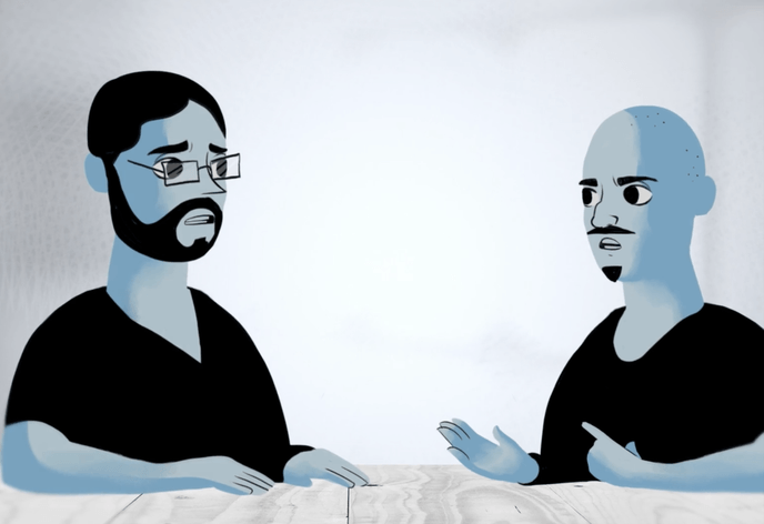 Illustration of two men facing each other, with blue skin and black clothes