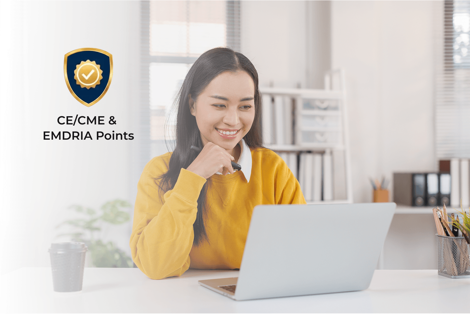 Woman at computer with CE Accreditation badge