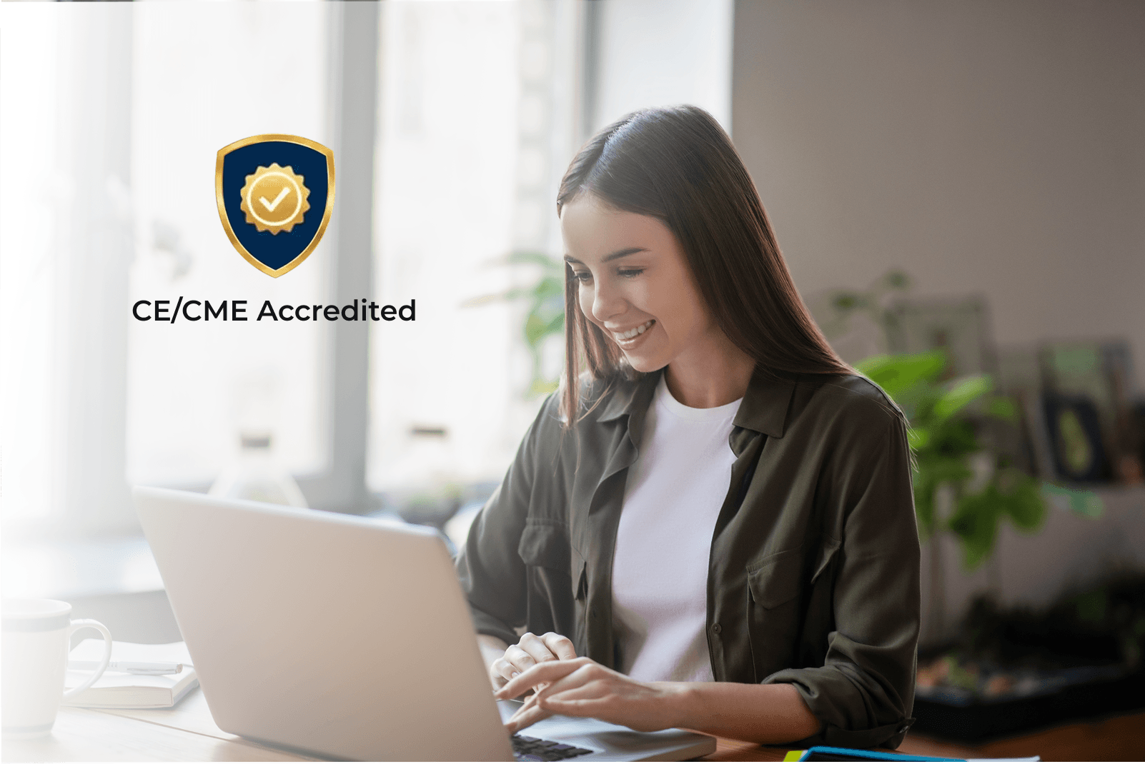 Woman at computer with CE Accreditation badge