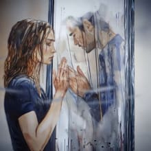 woman looking in shattered mirror with man in reflection