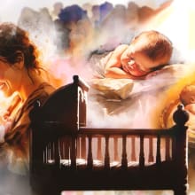 watercolour illustration of woman holding baby