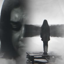 close up of woman's face - black and white