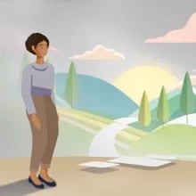 illustration of mountains and woman