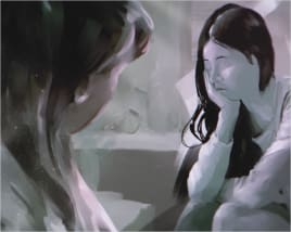 Painted illustration of 2 woman in therapy