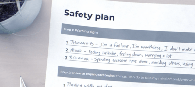 piece of paper with safety plan written on it