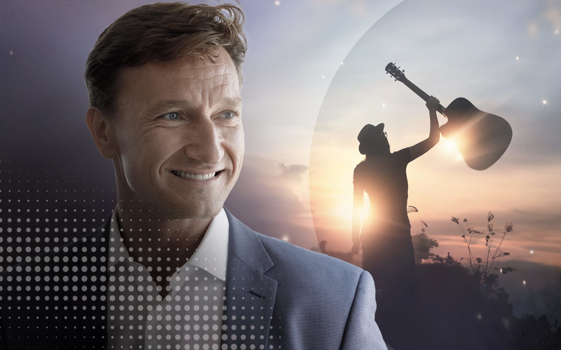 Smiling man in a suit with an image overlay of a person holding a guitar against a sunset background.