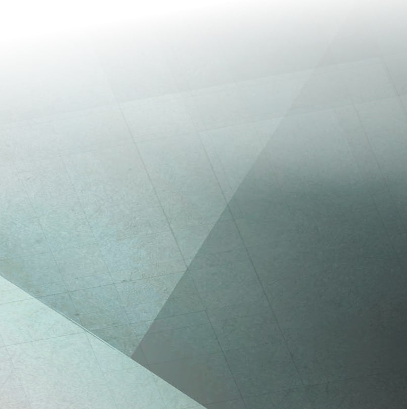 Layered translucent geometric sheets in muted green and gray tones with a subtle grid pattern.