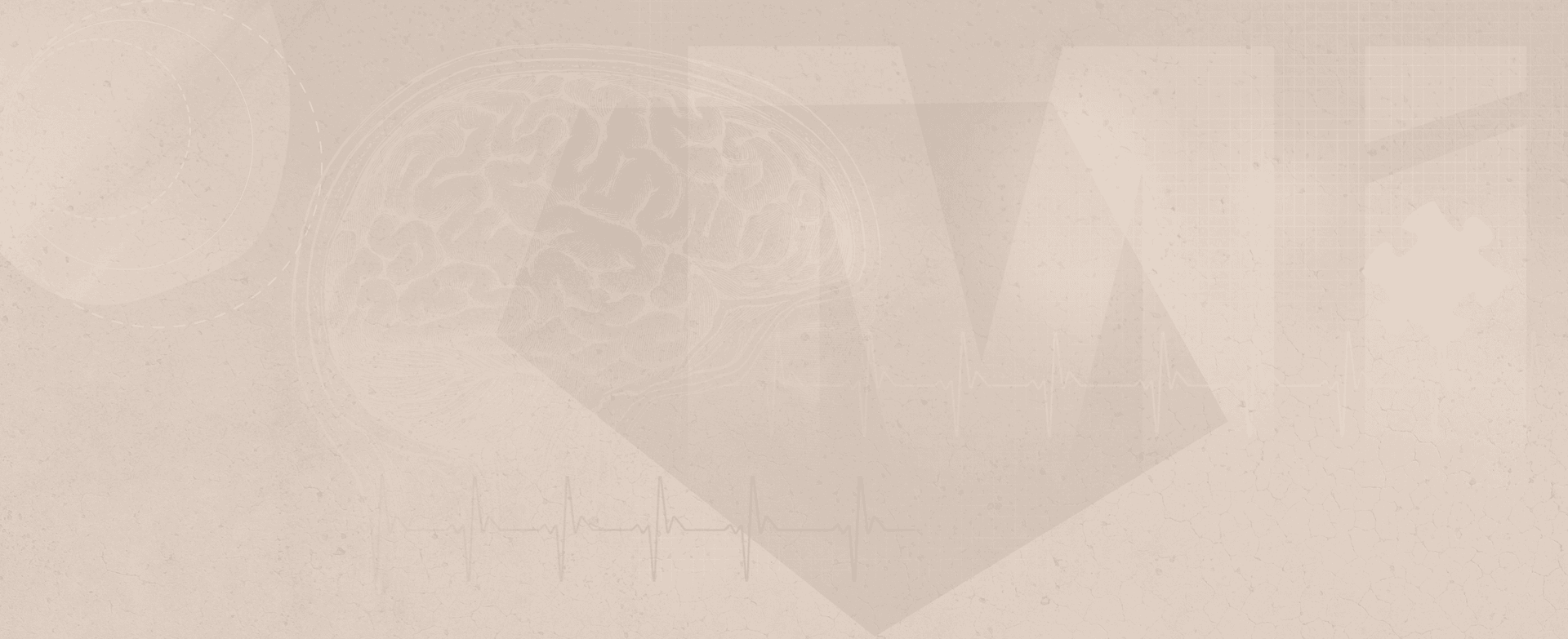 A sandy coloured background with transparent overlays of the human mind, the abbreviation MI some shapes