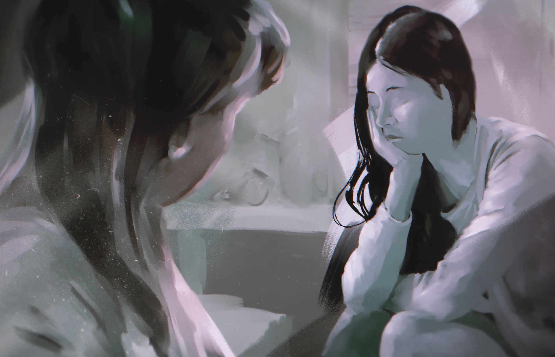 Painting of two women, one looking sad