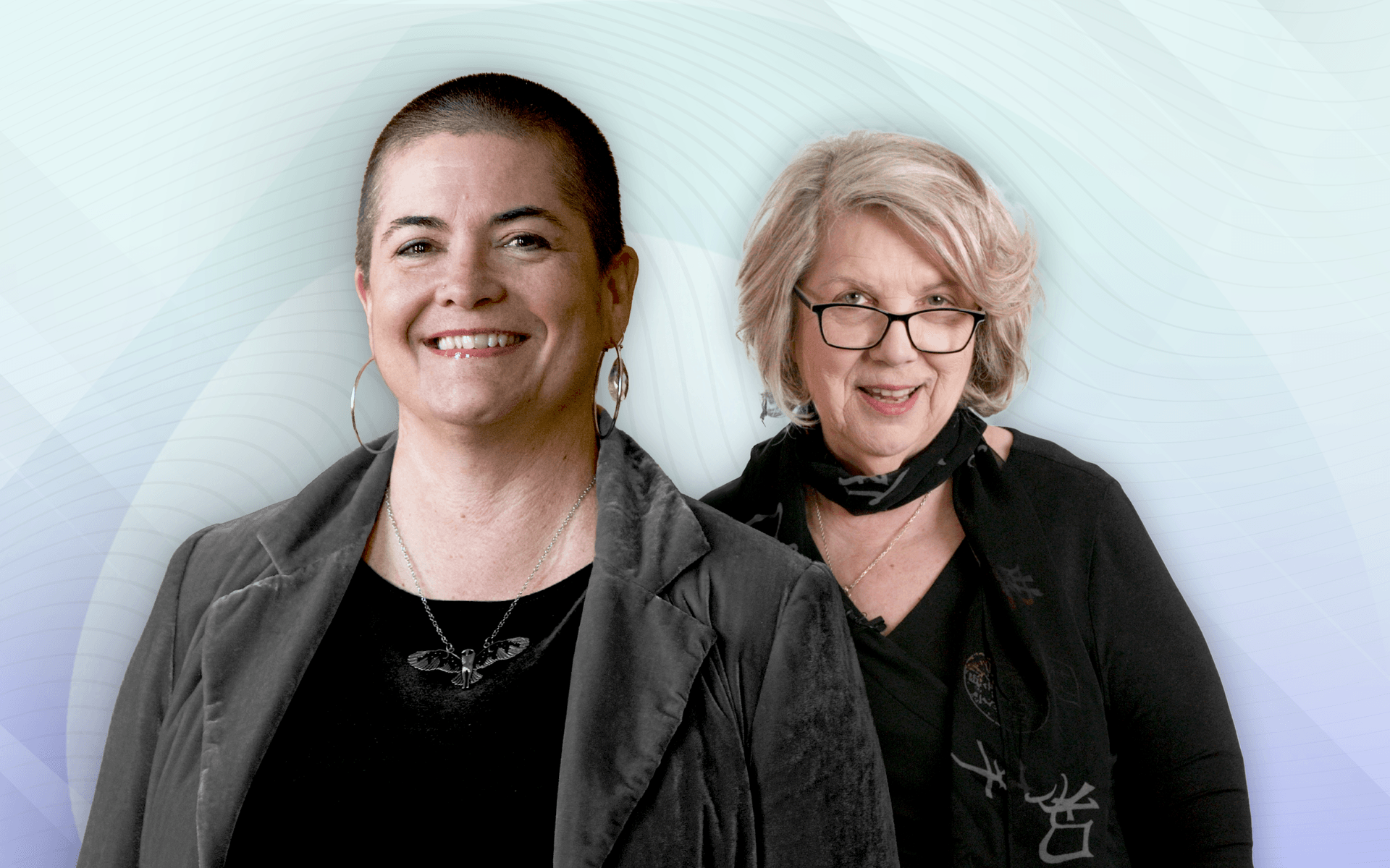 Annie McCall and Marsha Linehan are smiling at the camera. The background features a light gradient with curved lines.