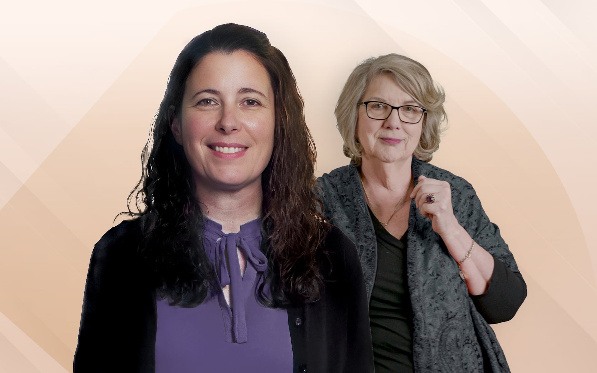Melanie Harned is posed against a soft, abstract background in shades of peach and cream. She is wearing a black jacket over a light-colored blouse.