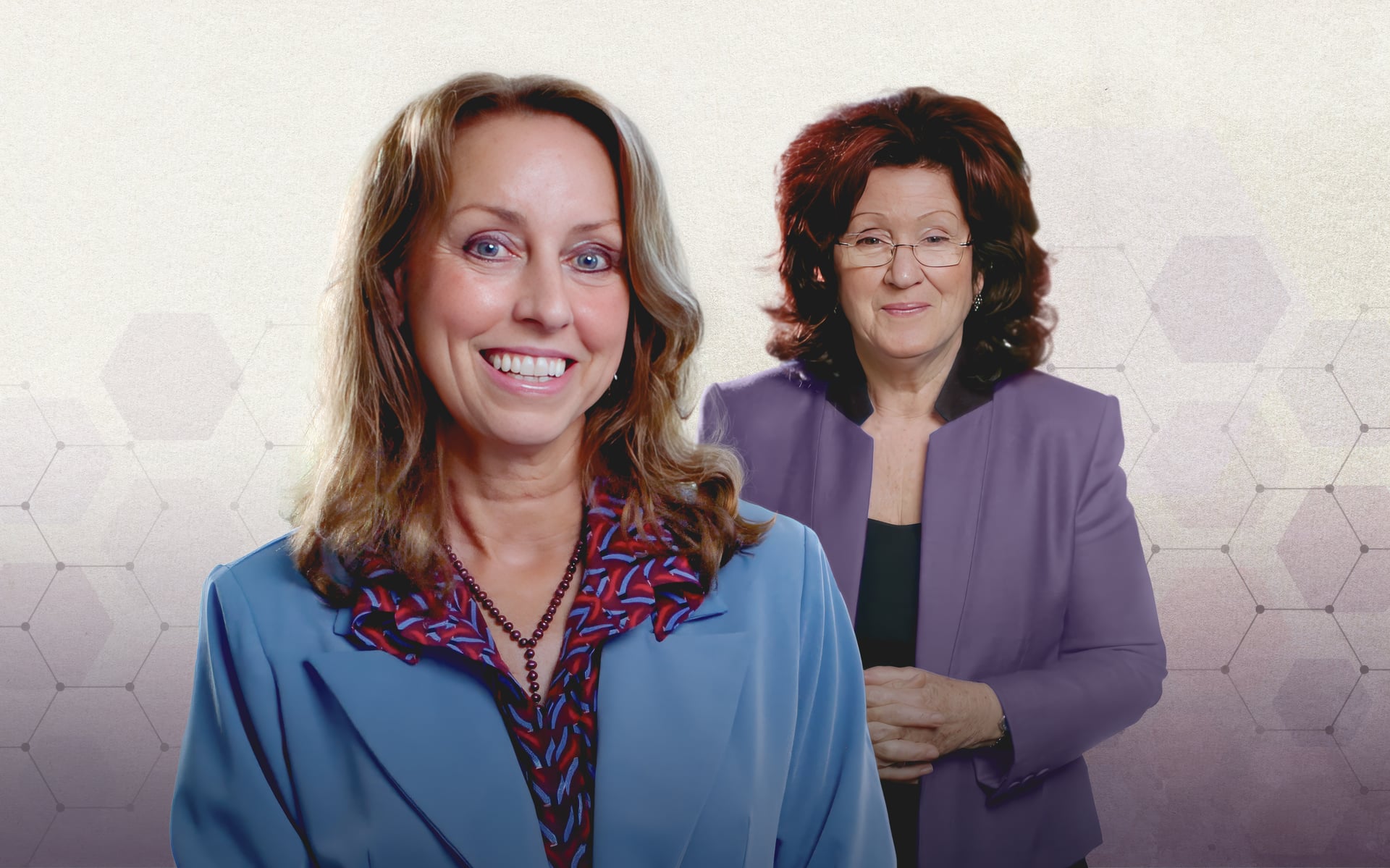 Sue Johnson and Leanne Campbell n the image. Leanne smiling and wearing a blue blazer with a patterned shirt underneath. Sue Johnson is standing with her hands clasped, wearing a purple jacket and glasses. The background features a light gradient with he