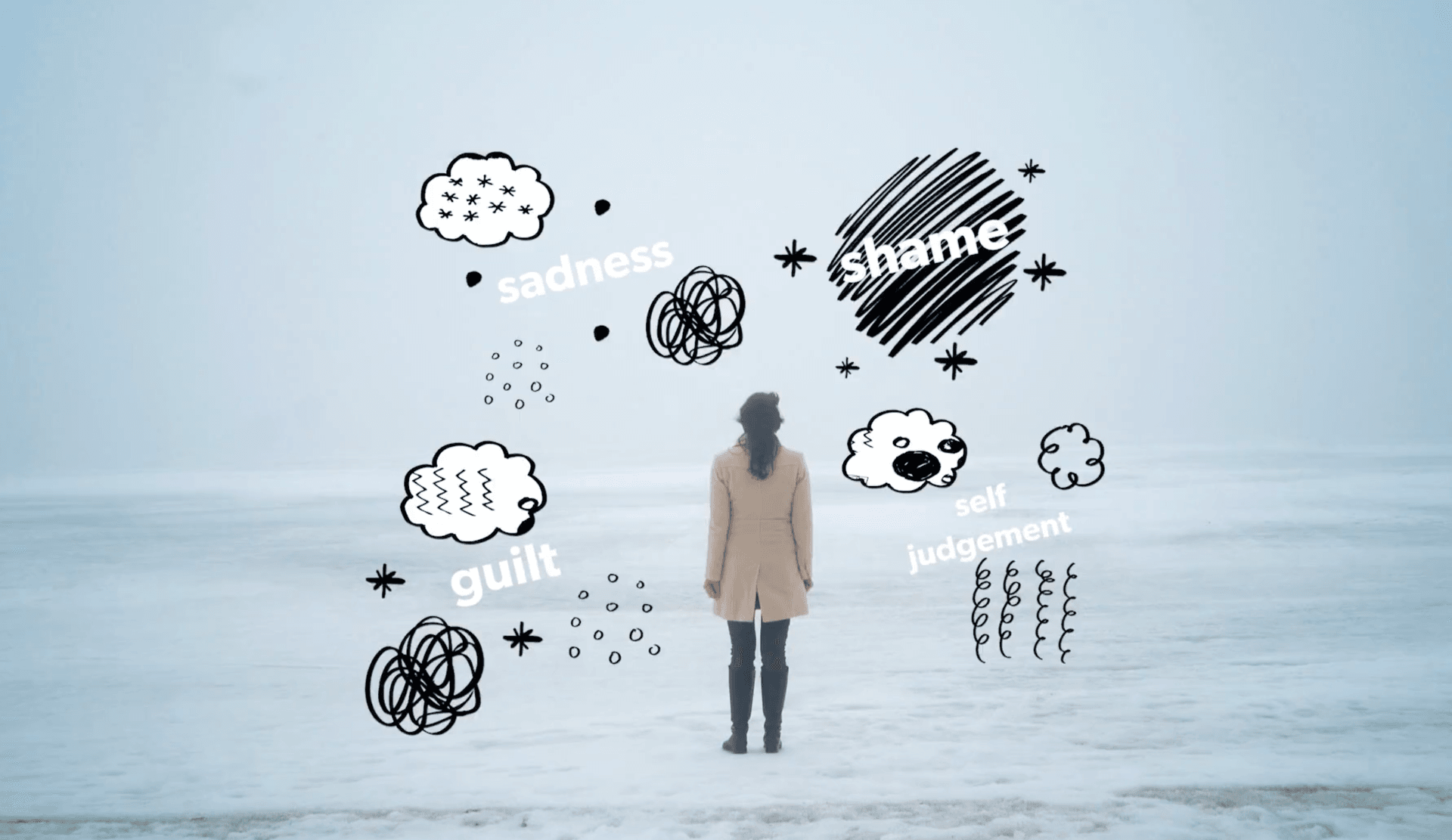 woman surrounded by clouds of guilt, shame, sadness