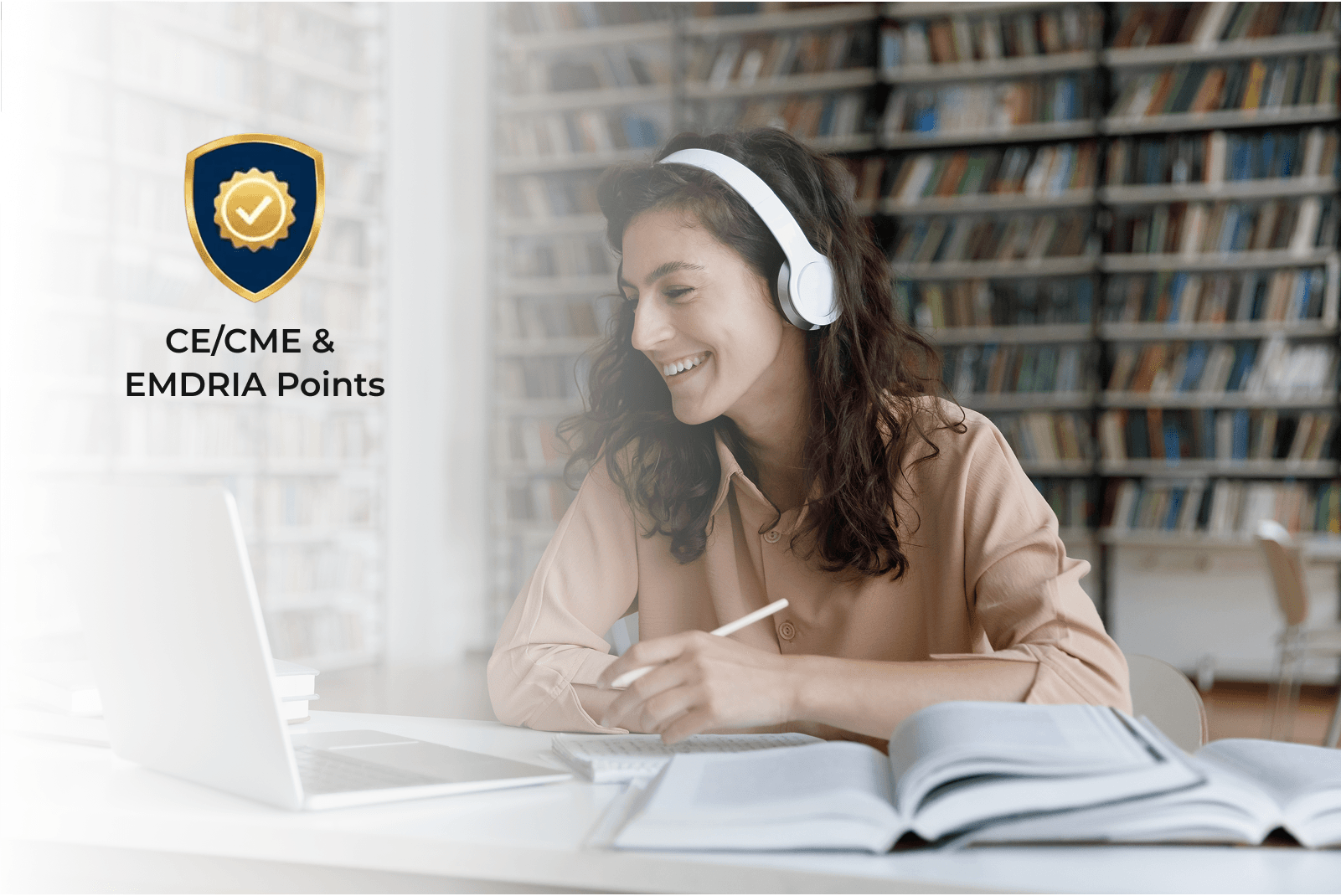 Woman at computer with CE Accreditation badge