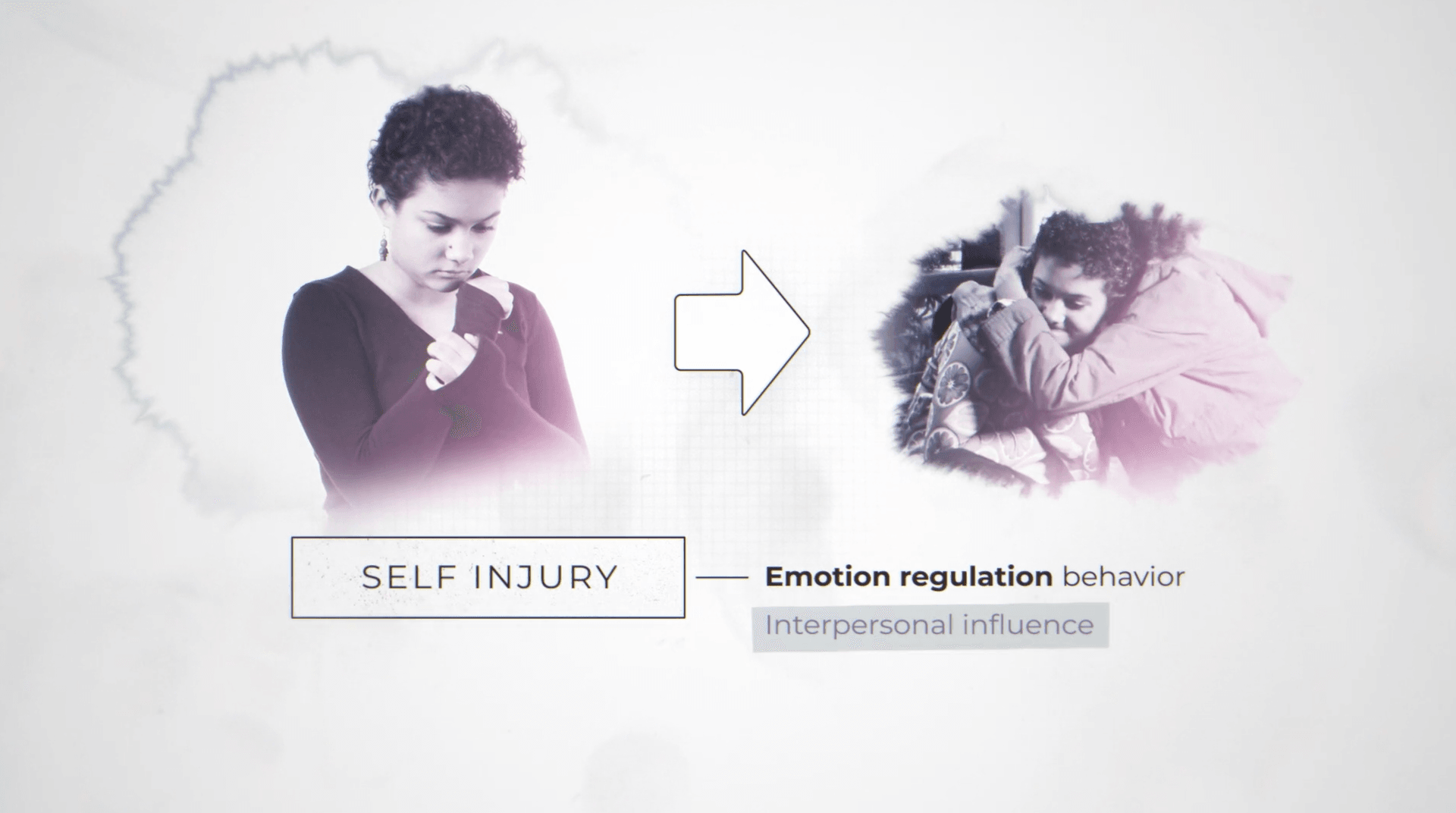 woman with arrow pointing to image of people hugging