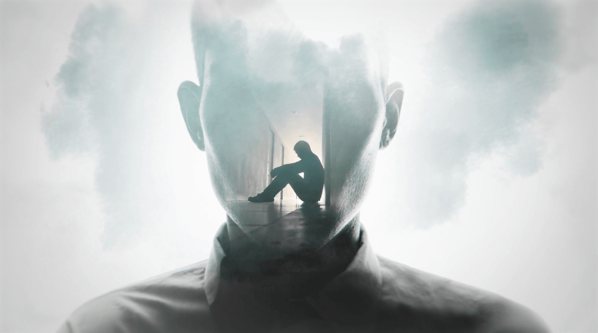 double exposure - made sitting in hallway inside face of a man