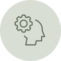 Profile of a person with a cog beside their head.