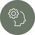 Profile of a person with a cog beside their head.